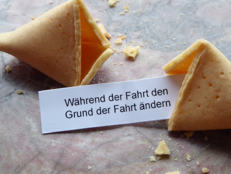 Schild mit folgender Anweisung: Während der Fahrt den Grund der Fahrt ändern.